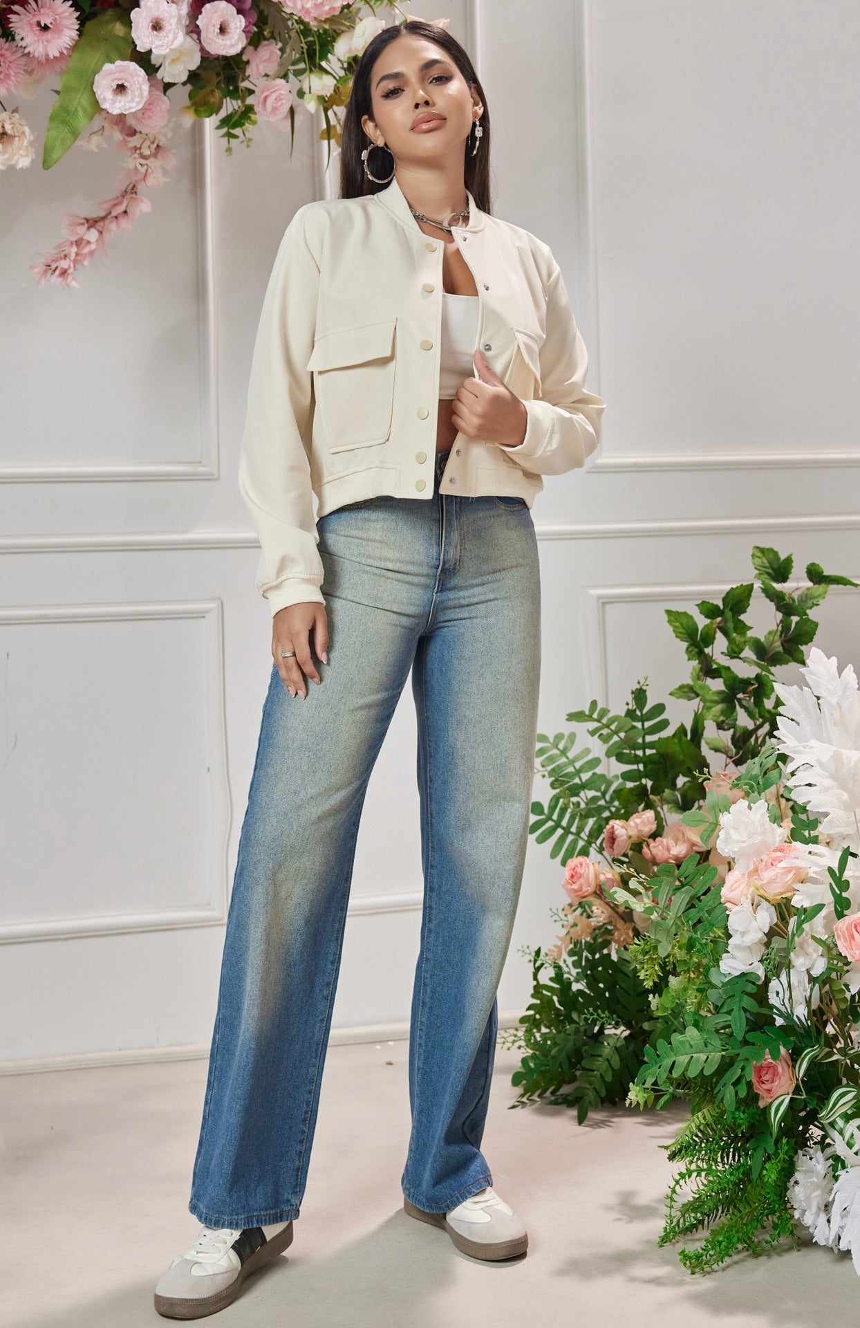 Cover Pocket Long Sleeve Jacket Casual Varsity Jacket Fit Jacket