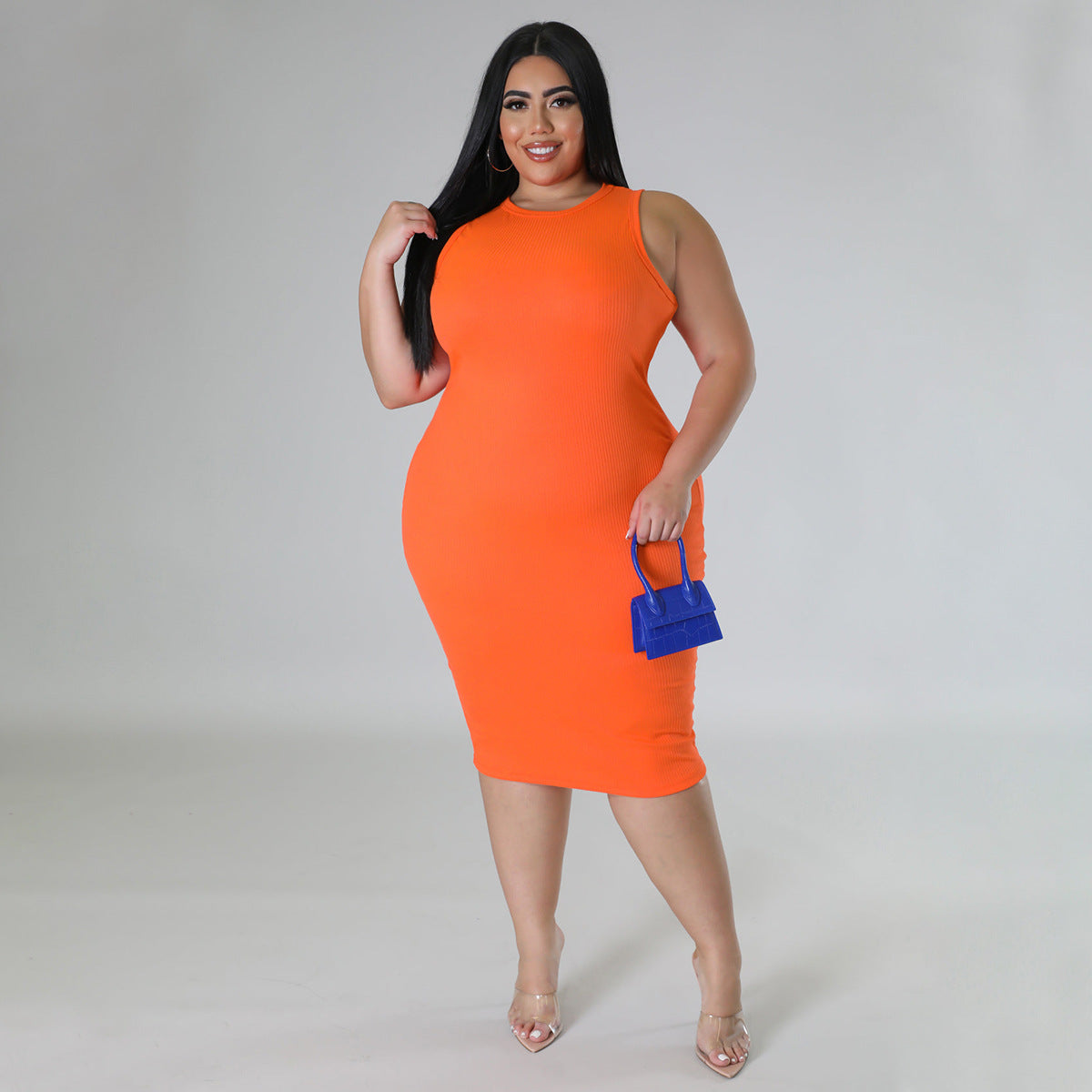 Plus Size Women Clothing Casual Solid Color Spring Summer Sleeveless Dress