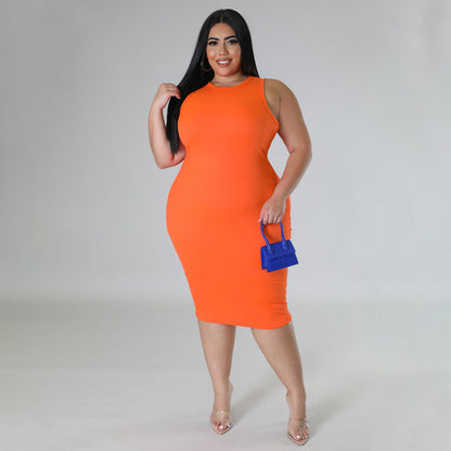 Plus Size Women Clothing Casual Solid Color Spring Summer Sleeveless Dress