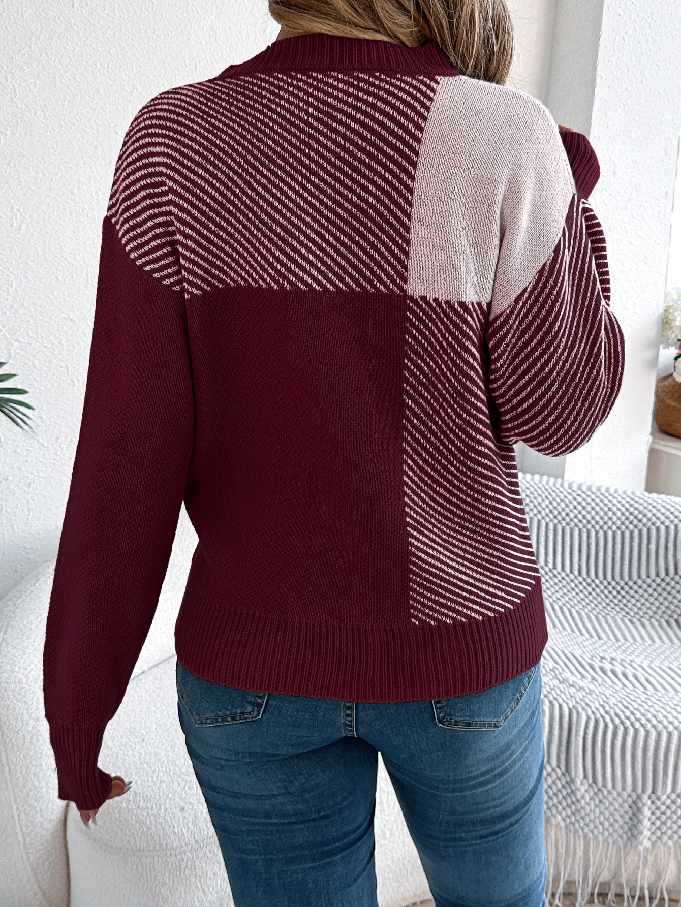 Autumn Winter Casual Color Contrast Check Long Sleeve Pullover Women Clothing