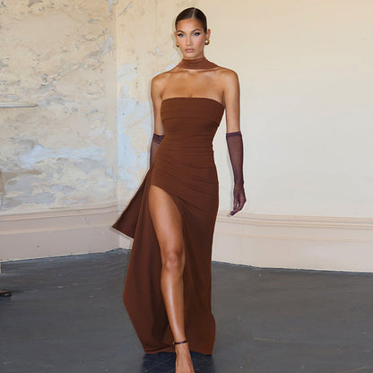 Women Clothing Summer Elegant Sexy Scarf Collar Slim Fit Slit Backless Dress Tube Top Dress