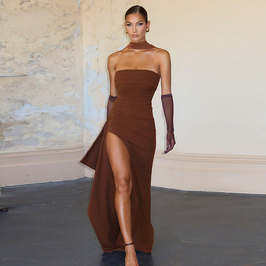 Women Clothing Summer Elegant Sexy Scarf Collar Slim Fit Slit Backless Dress Tube Top Dress