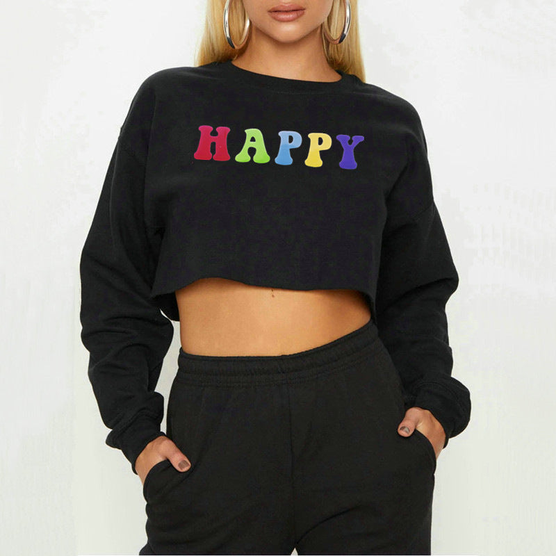 Women Clothing Autumn Winter Internet Celebrity Happy Letter Graphic Printed round Neck Loose Short Long Sleeve Sweatshirt