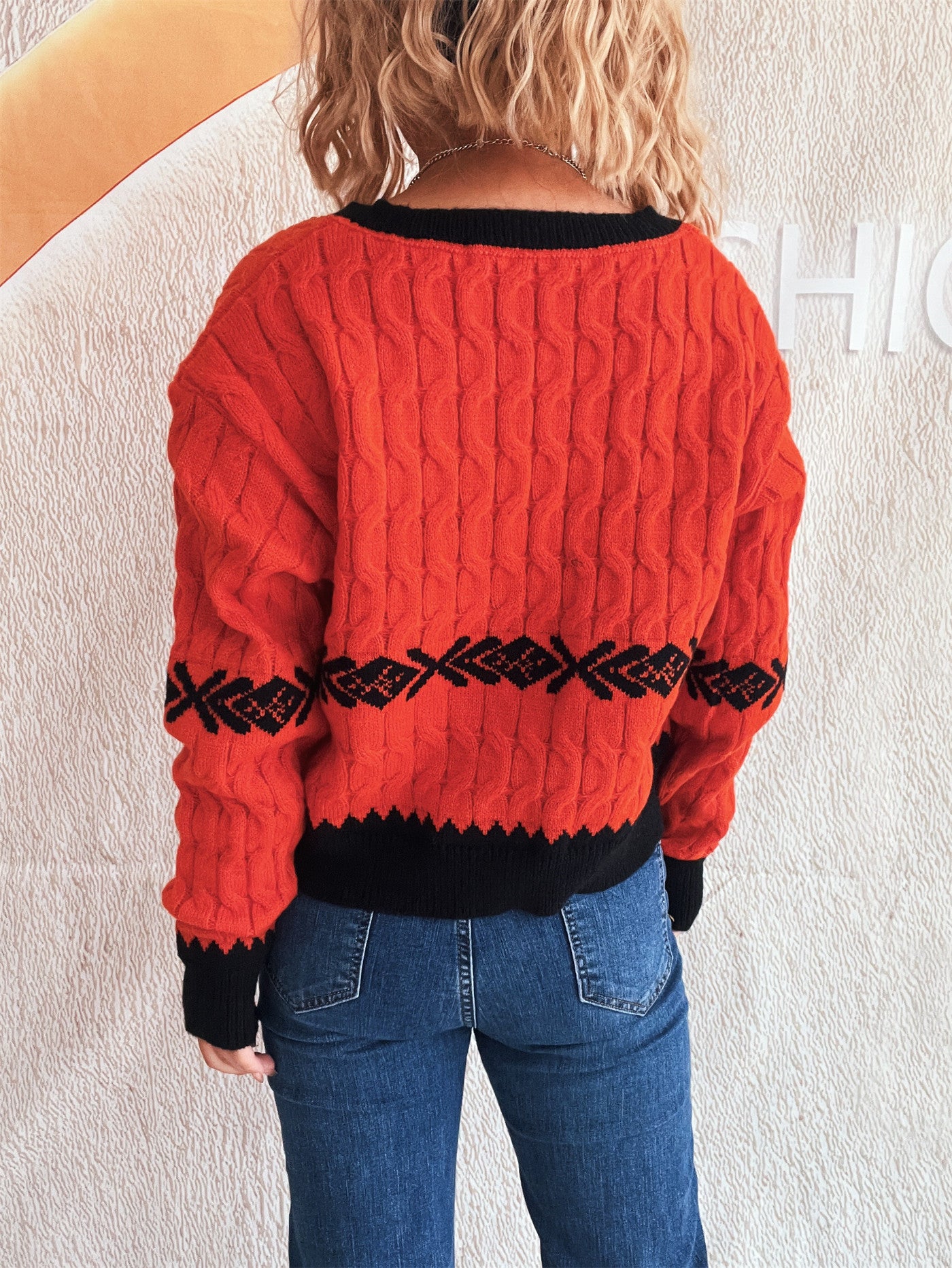 Jacquard Short Knit Top V neck Street Casual Sweater