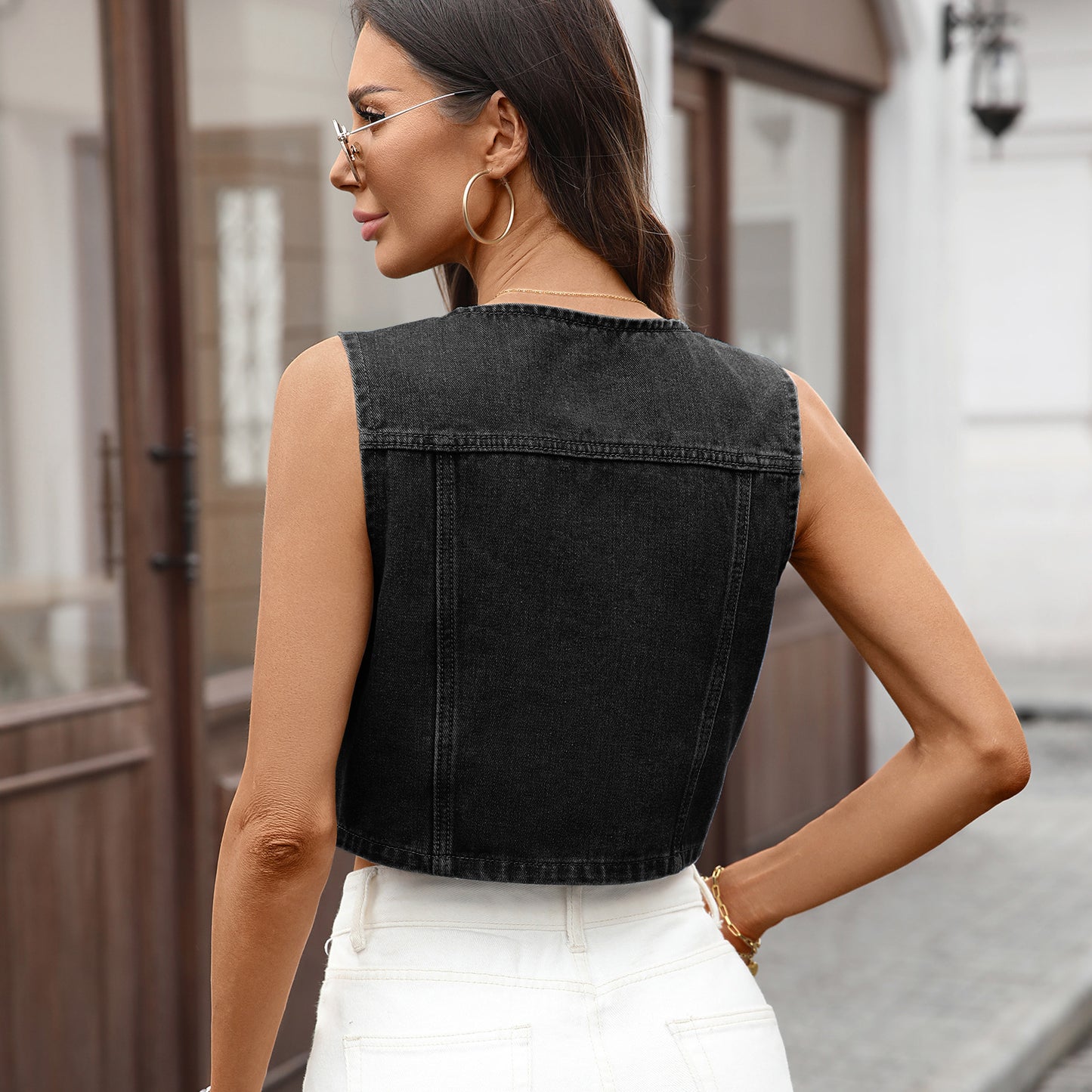 Women Clothing Washed Casual round Neck Pocket Denim Waistcoat Vest