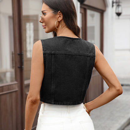 Women Clothing Washed Casual round Neck Pocket Denim Waistcoat Vest