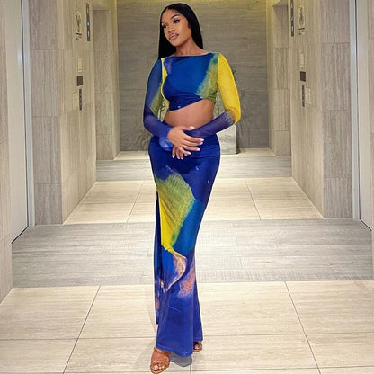 Printed Tight Skirt Set Bell Sleeve Pleated Short Top High Waist Sheath Skirt Two Piece Suit