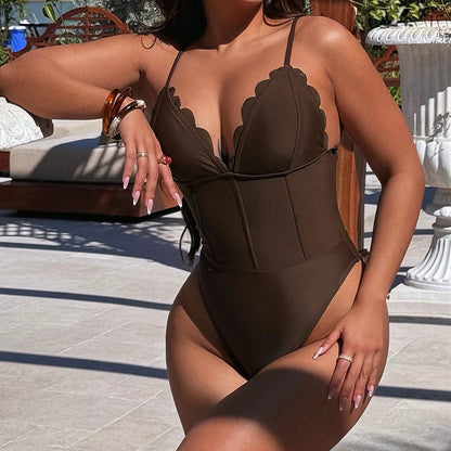 Bikini Brown Deep V Plunge Strap One Piece Swimsuit
