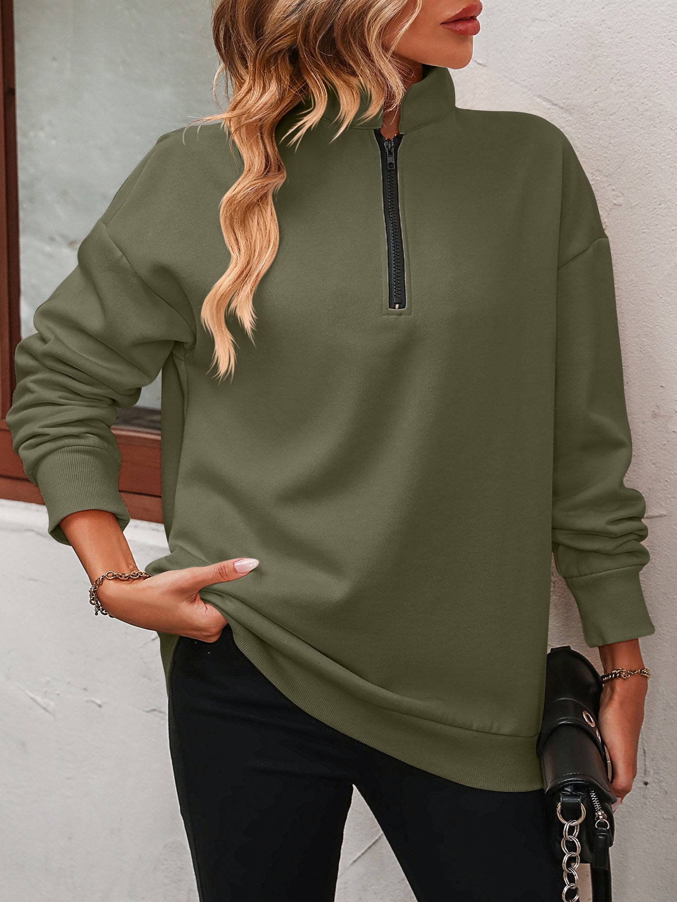 Autumn Winter Women Half Long Sleeve Zipper Sweatshirt Pullover Fleece Sweatshirt
