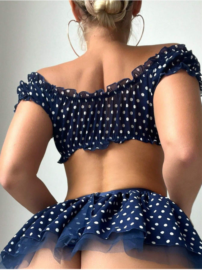 Women Sexy Split off Shoulder Skirt Dot Mesh Sexy Lingerie Set