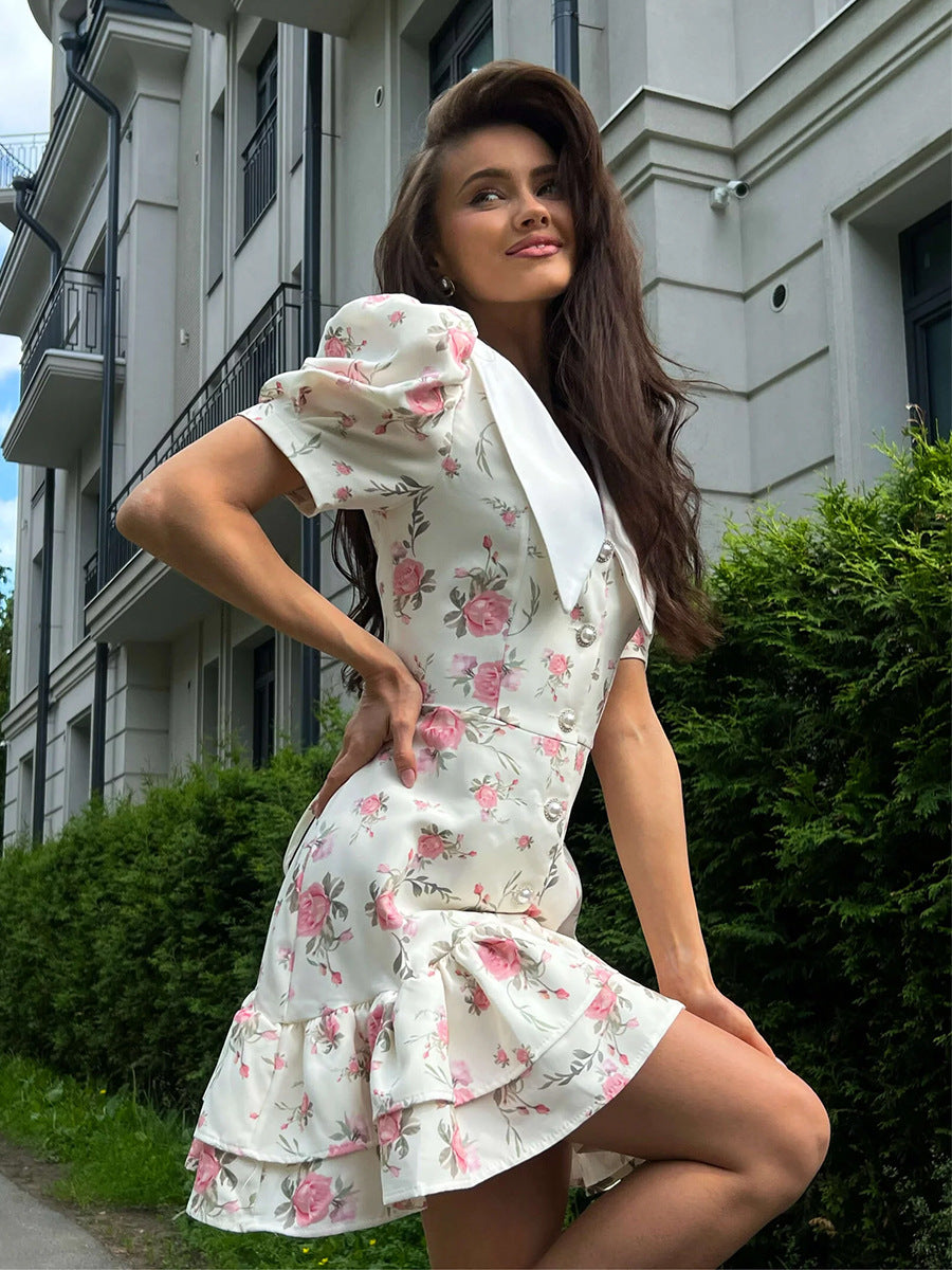 French V neck Puff Sleeve Dress Summer Waist Trimming Printing Short Dress Ruffled Dress