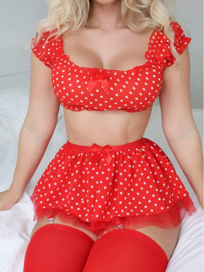 Women Sexy Split off Shoulder Skirt Dot Mesh Sexy Lingerie Set