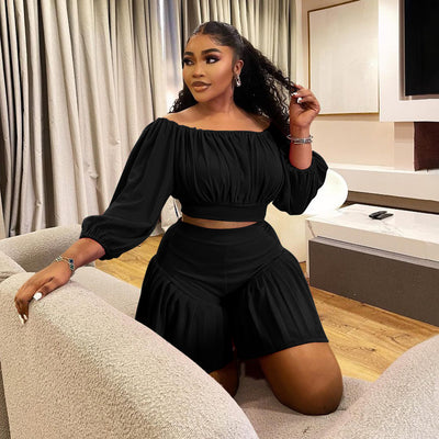 plus Size Women Clothing Pleated off Neck Fluffy Waist Trimming Casual Two Piece Sets