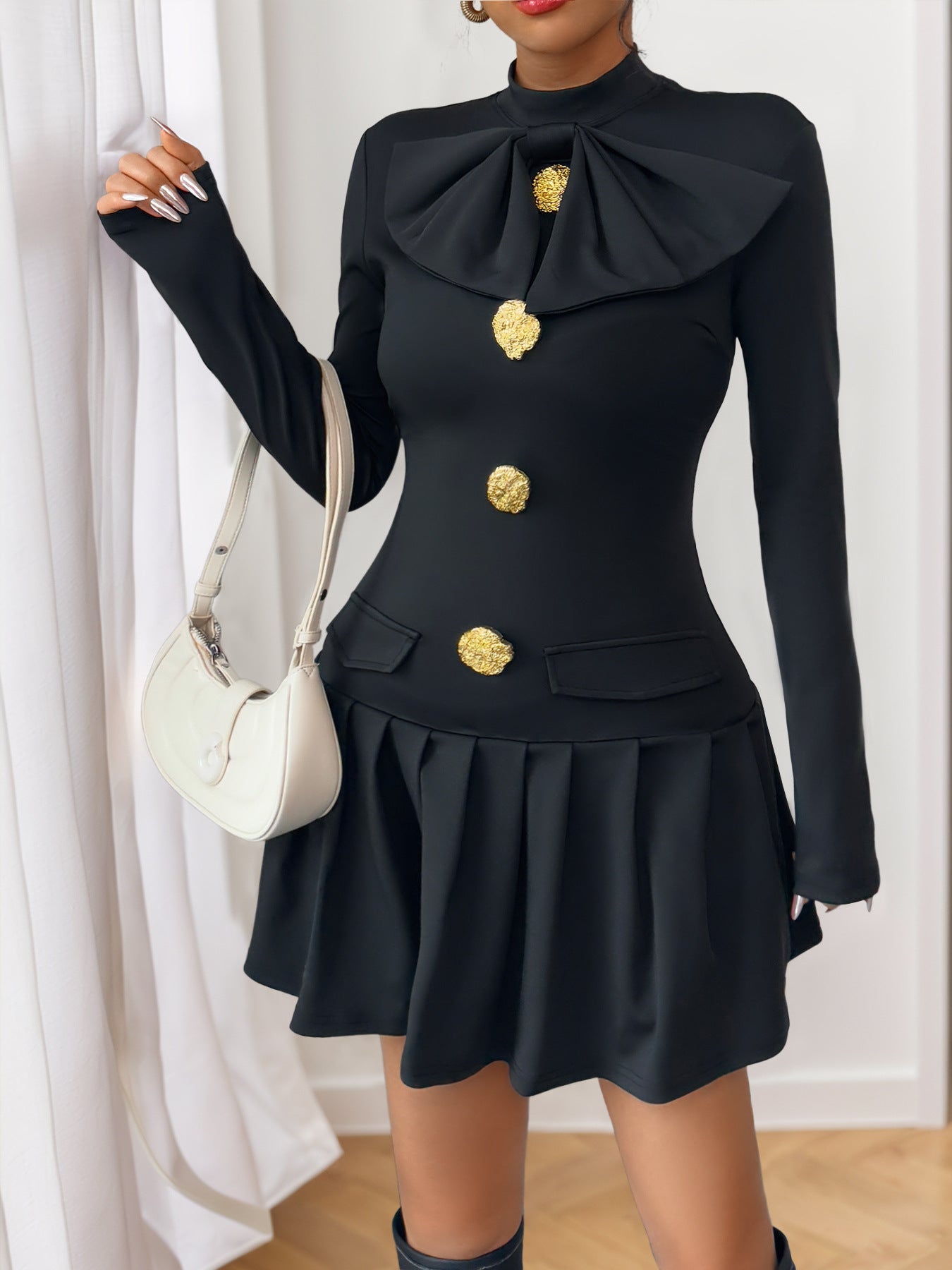 Elegant Sweet Bow Fastener Decoration Half High Collar Long Sleeves Autumn Dress
