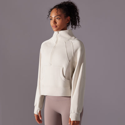 Trendy High Collar Warm Brushed Lining Zipped Sports Coat Loose Yoga Casual All Matching Sweater
