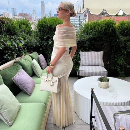 Women Clothing Autumn Tube Top Pleated Mesh Slim Fit Patchwork Dress Two Piece Set