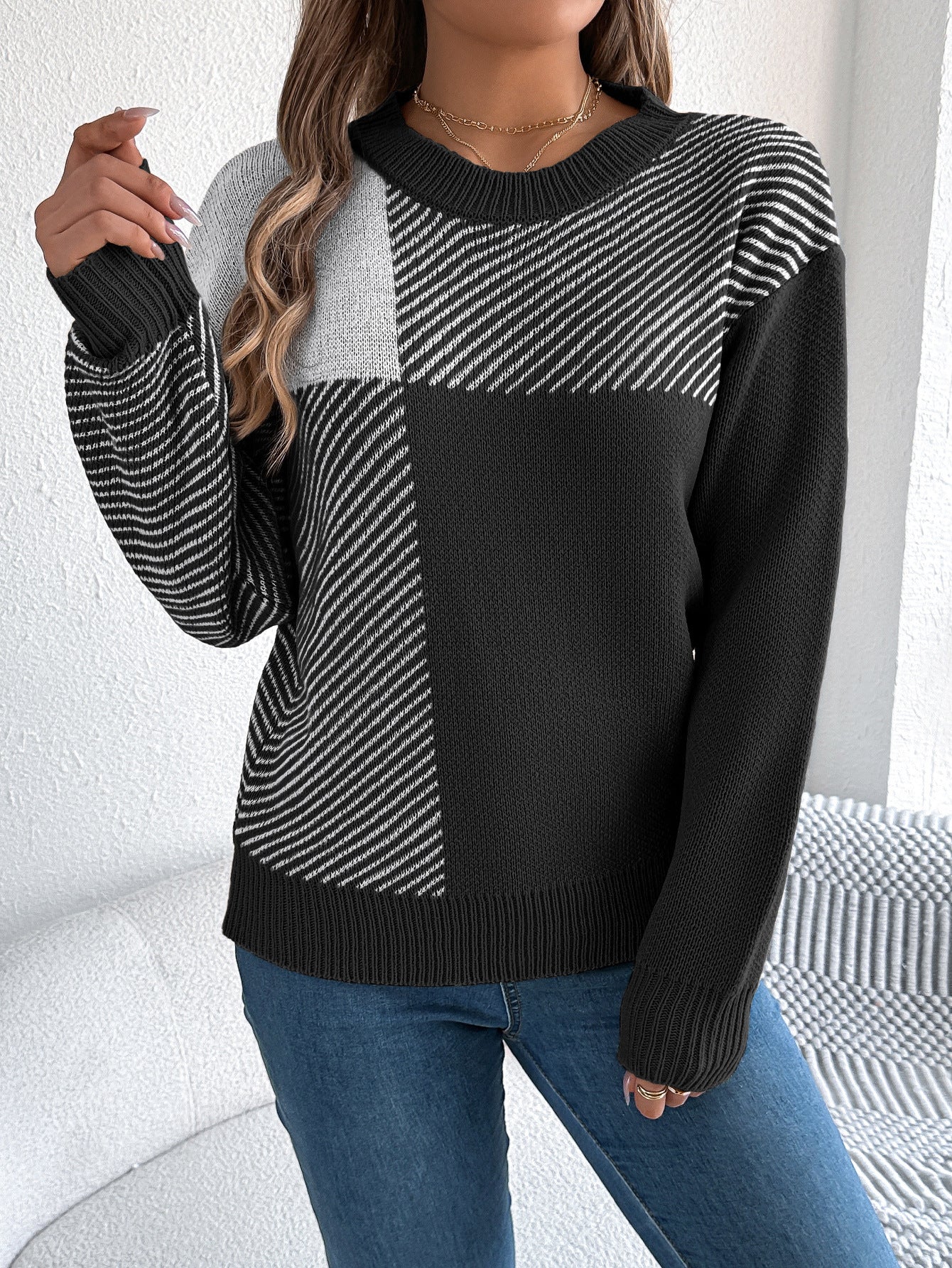 Autumn Winter Casual Color Contrast Check Long Sleeve Pullover Women Clothing