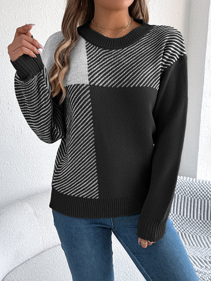 Autumn Winter Casual Color Contrast Check Long Sleeve Pullover Women Clothing