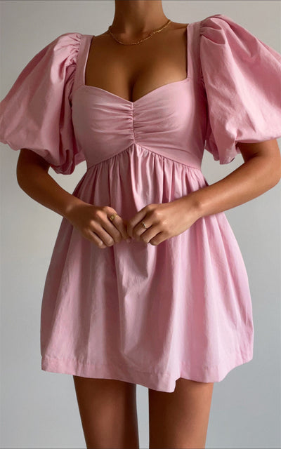 Sexy U Collar Short Dress Spring Summer Dress Women Casual Vacation Cotton Puff Sleeve Princess Dress