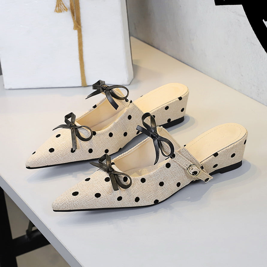 Minority Bow Toe Cap Slipper Polka Dot Wedge Comfortable All Match Slip on Women Shoes Outdoor Slippers - GLAMWEARS