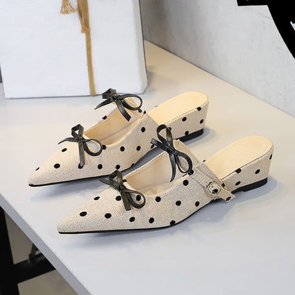 Minority Bow Toe Cap Slipper Polka Dot Wedge Comfortable All Match Slip on Women Shoes Outdoor Slippers