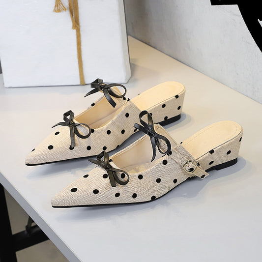 Minority Bow Toe Cap Slipper Polka Dot Wedge Comfortable All Match Slip on Women Shoes Outdoor Slippers
