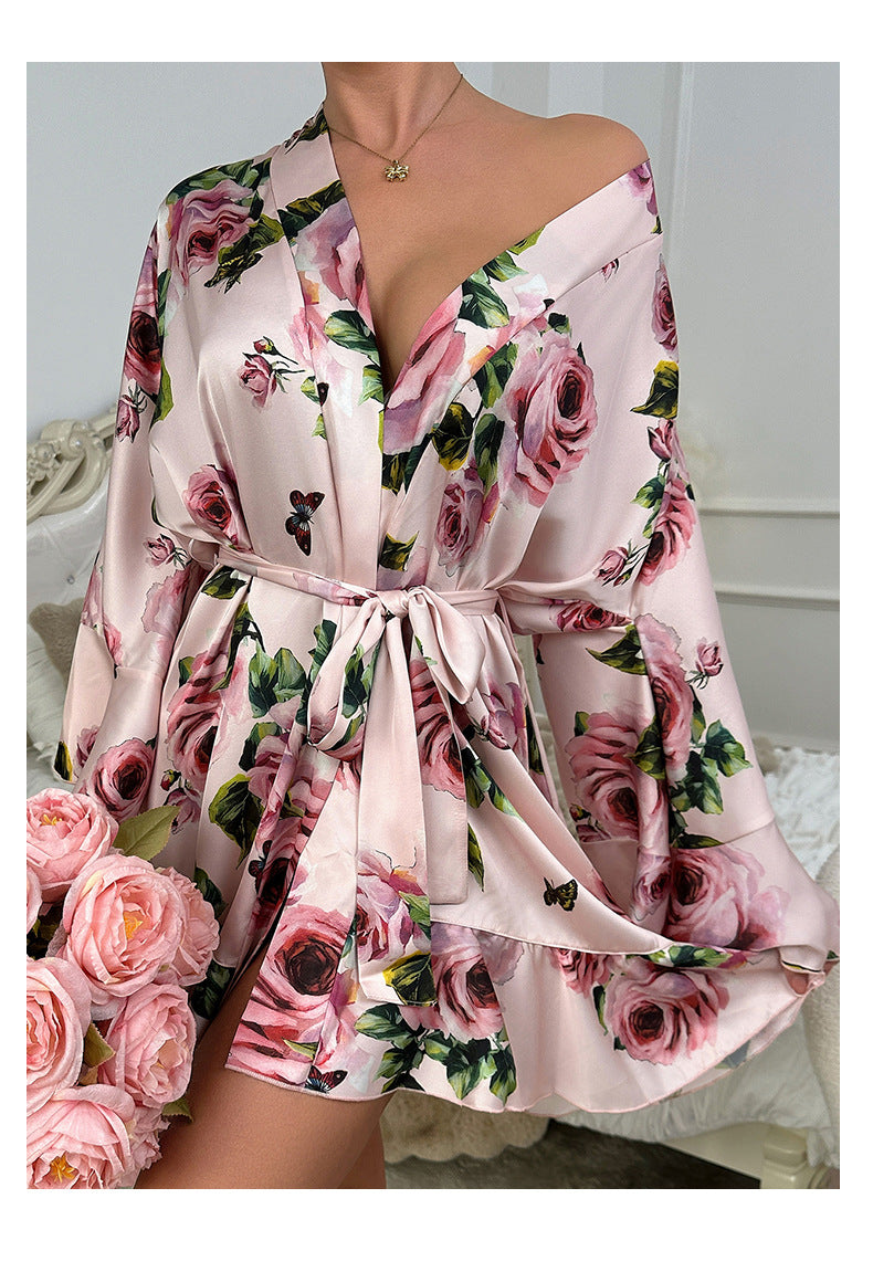 Sexy Underwear Ruffled Emulation Silk Nightgown Cardigan Bathrobe Home Wear Pajamas Women