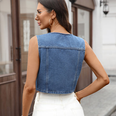 Women Clothing Washed Casual round Neck Pocket Denim Waistcoat Vest