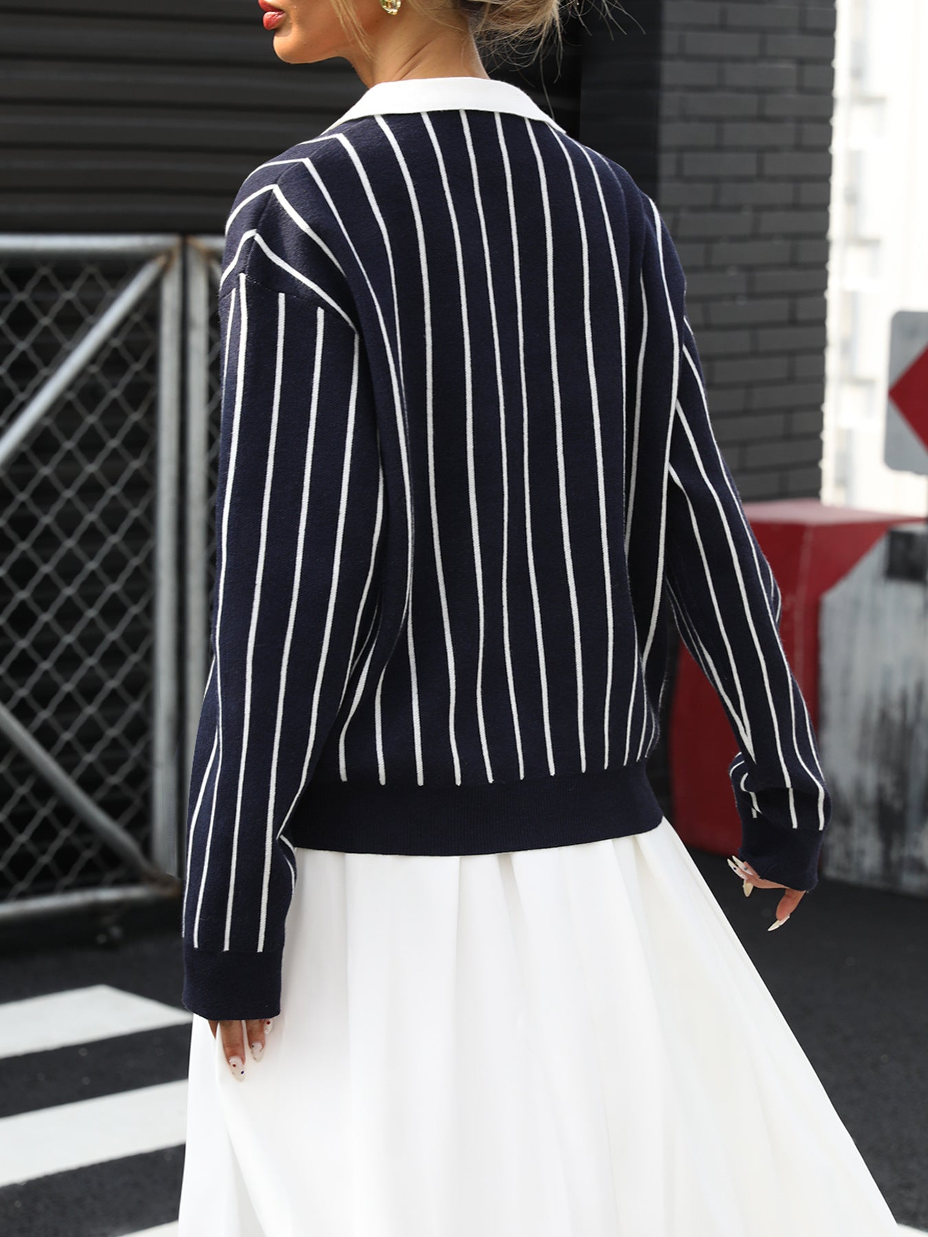 Autumn College Casual Street Trendy Polo Collar Stripes Women Sweater