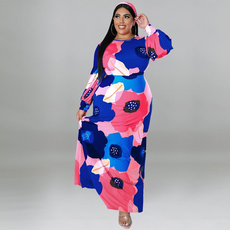 Plus Size Women Clothing Long Sleeve Dress Large Floral Printing Dress Long