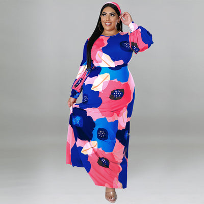 Plus Size Women Clothing Long Sleeve Dress Large Floral Printing Dress Long