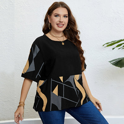 Plus Size Round Neck Art Printed Top Popular Printed Loose Casual