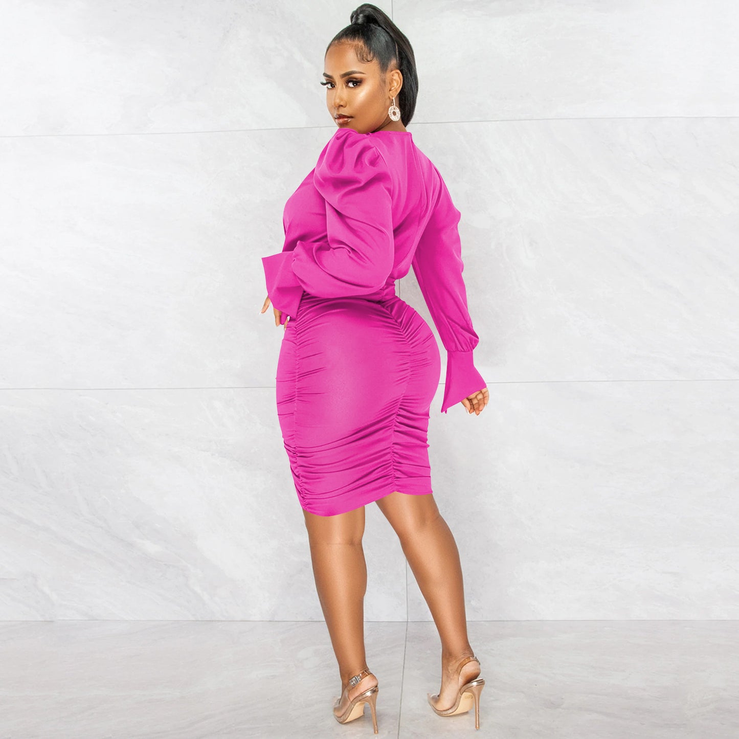 Casual Solid Color Long Sleeve Pleated V-neck Dress for Women