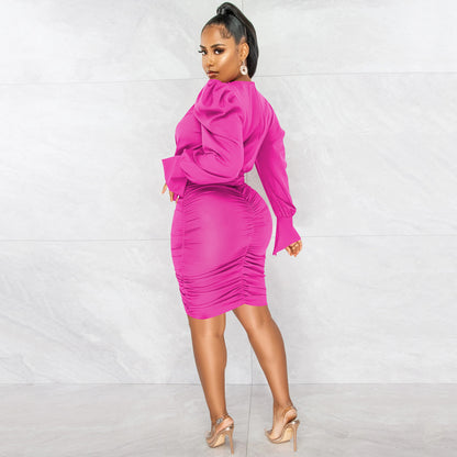 Casual Solid Color Long Sleeve Pleated V-neck Dress for Women