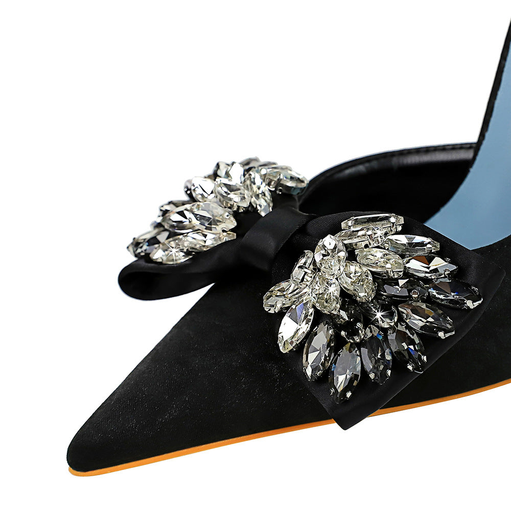 High Heels Stiletto Low Cut Pointed Side Hollow Out Cutout Cloth Surface Ultra High Heel Rhinestone Bow Pumps