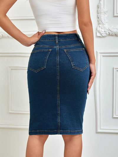 Ladies One Piece Front Row Buttons Multi Buckle Sheath Pencil Skirt Stretch Denim Midi Skirt