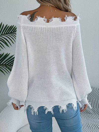 Autumn Winter Solid Color Hollow Out Cutout out Long Sleeve Cut off Shoulder Pullover Sweater Women Clothing