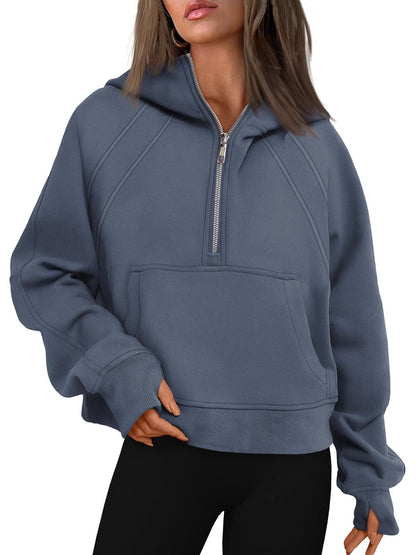 Half Zipper Pullover Hooded Sweatshirt Fleece Short Chic Scuba Sweater for Women