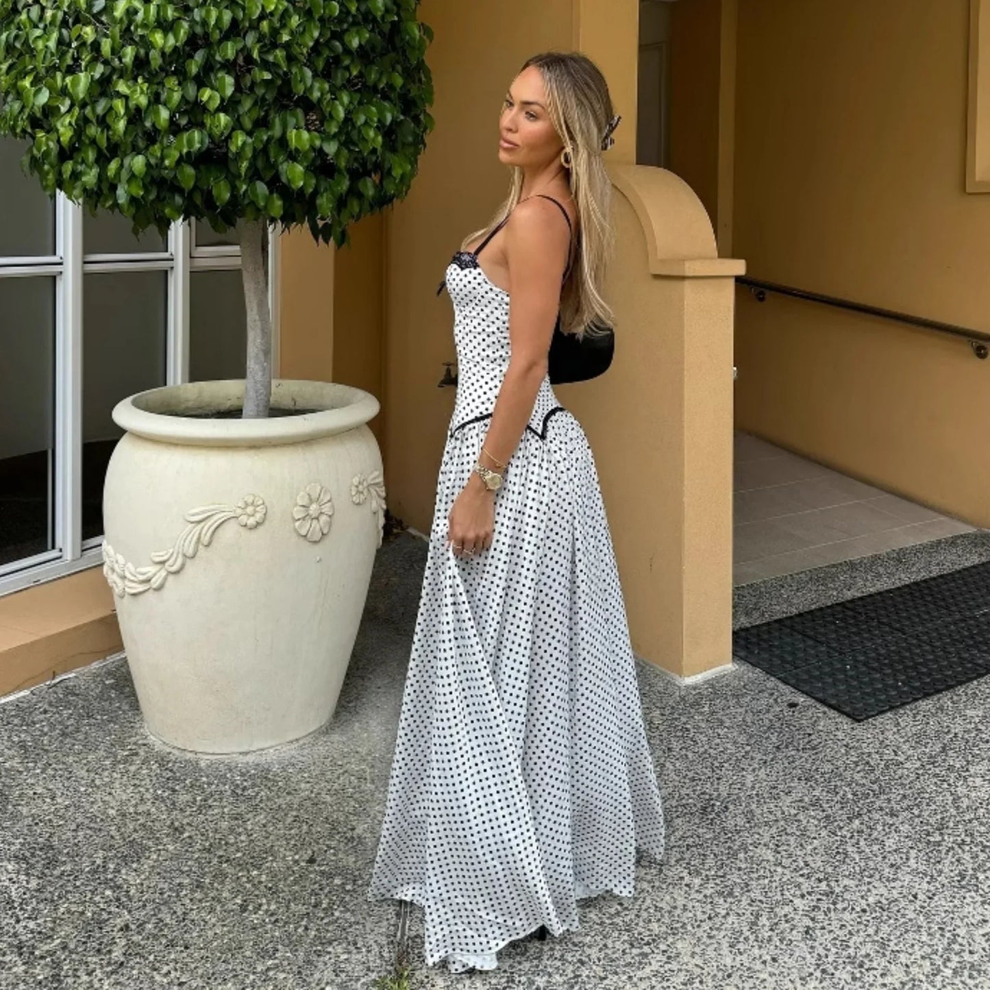 Summer Sweet Skinny Slimming Backless Braces in White Polka Dot Dress Women Clothing