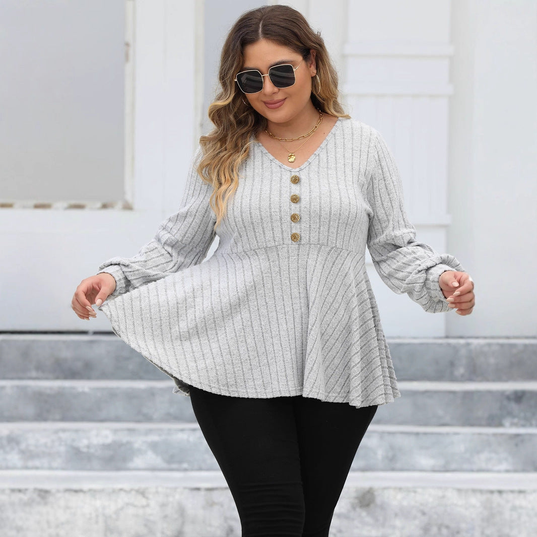 Women Tops plus Size Women Doll Shirt V neck Sunken Stripe Fleece Lantern Sleeve T shirt Gold Fastener Decoration Top