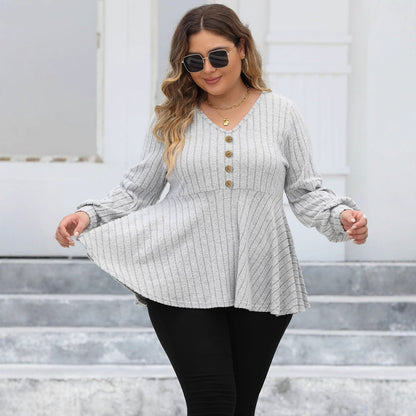 Women Tops plus Size Women Doll Shirt V neck Sunken Stripe Fleece Lantern Sleeve T shirt Gold Fastener Decoration Top