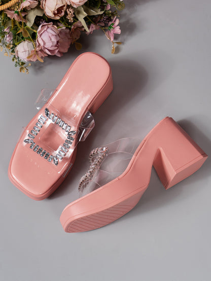 High Heel Square Toe Rhinestone Slippers Women Outer Wear Waterproof Platform Thick Bottom Slippers