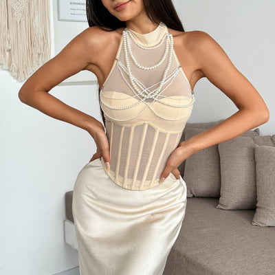Solid Color Elegant Socialite Summer Elegance Semi Transparent Boning Corset Sexy Pearl Embellished Halter Top