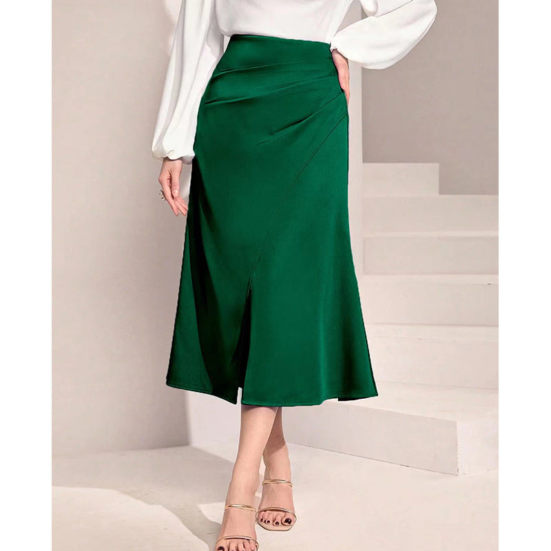 Women Clothing High Waist Satin Pleated Split Dress Solid Skirt Zipper Fishtail Hip Skirt