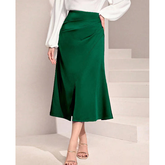 Women Clothing High Waist Satin Pleated Split Dress Solid Skirt Zipper Fishtail Hip Skirt