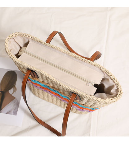 Bohemian One Shoulder Straw Bag Rainbow Stripes Straw Bag Woven Bag Vacation Beach Bag Women Bag