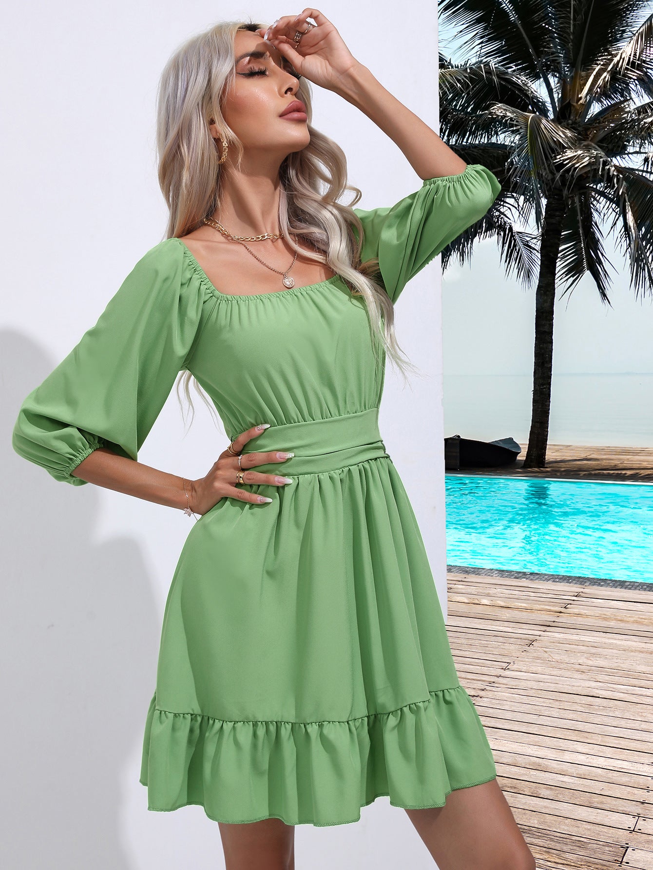Popular Ruffled Square Collar Dress Lace Dress Women Summer Women Clothing