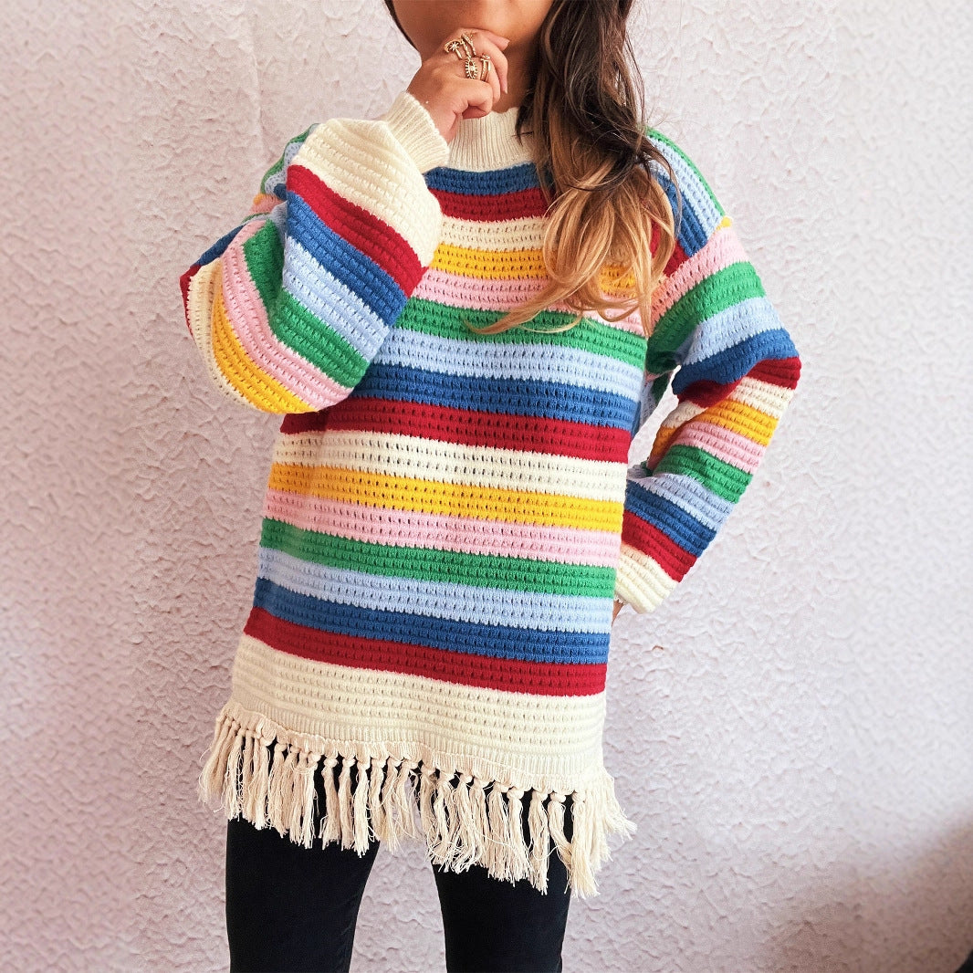 Round Neck Color Striped Knitwear Autumn Winter Retro Tassel Women Sweater