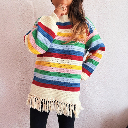 Round Neck Color Striped Knitwear Autumn Winter Retro Tassel Women Sweater