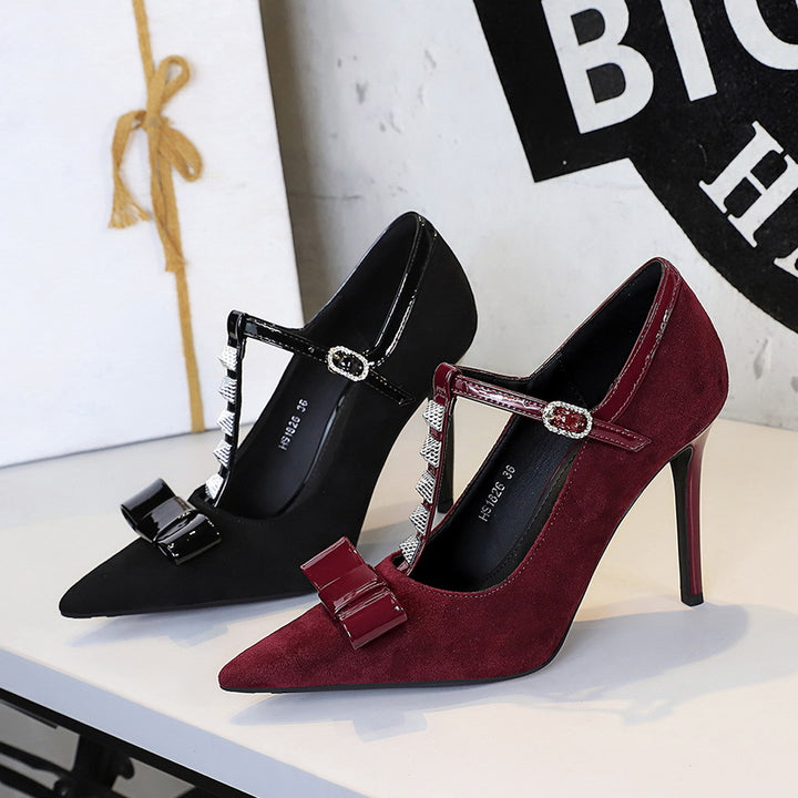 Cocktail Bow Rivet Pointed Toe High Heels Suede T Shape Buckle Sexy Women Shoes Pumps - GLAMWEARS